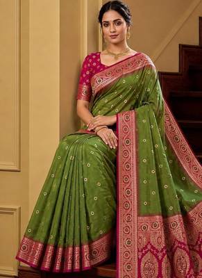 Green soft banarasi silk saree with zari weaving meenakari design 4