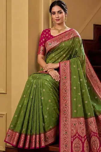 Green soft banarasi silk saree with zari weaving meenakari design