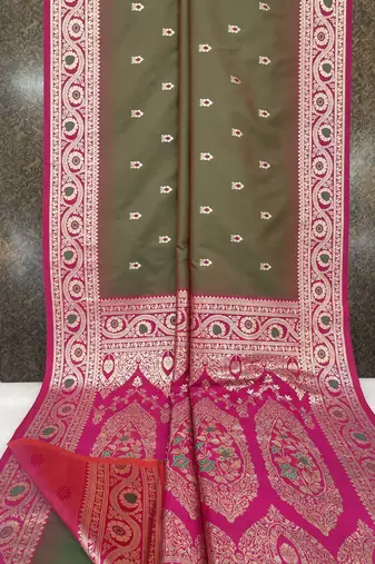 Green soft banarasi silk saree with zari weaving meenakari design