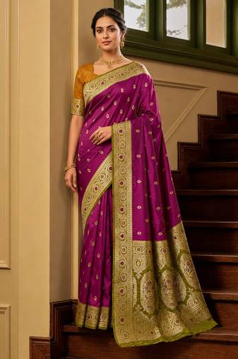 Wine soft banarasi silk saree with zari weaving meenakari design
