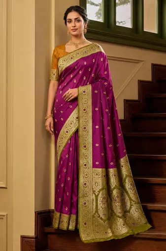 Wine soft banarasi silk saree with zari weaving meenakari design