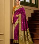 Wine soft banarasi silk saree with zari weaving meenakari design