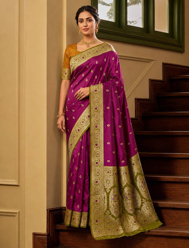 Wine soft banarasi silk saree with zari weaving meenakari design