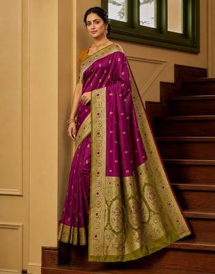 Wine soft banarasi silk saree with zari weaving meenakari design 2