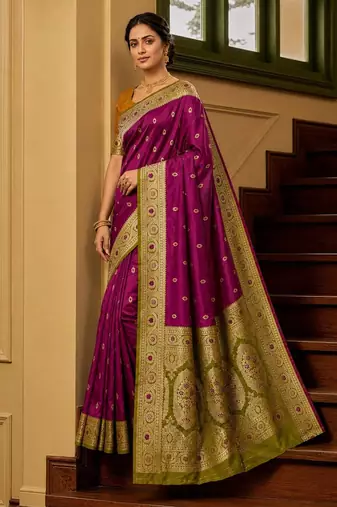 Wine soft banarasi silk saree with zari weaving meenakari design