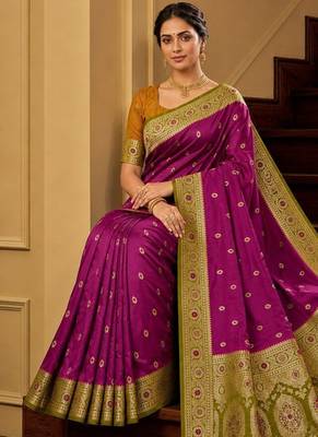 Wine soft banarasi silk saree with zari weaving meenakari design 3