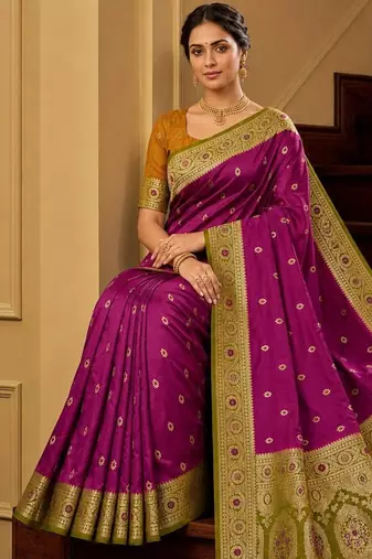 Wine soft banarasi silk saree with zari weaving meenakari design