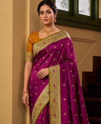 Wine soft banarasi silk saree with zari weaving meenakari design 4