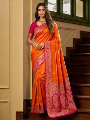 Orange soft banarasi silk saree with zari weaving meenakari design 1