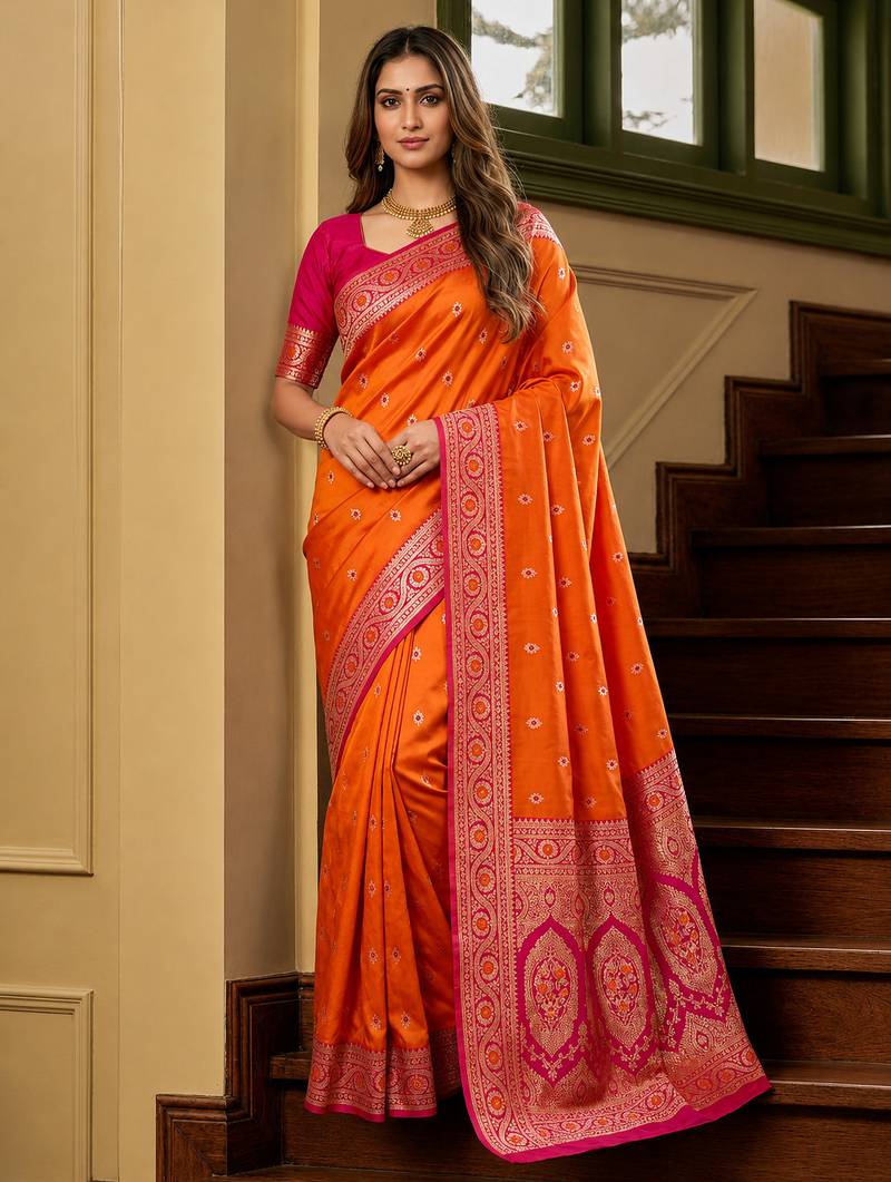 Orange soft banarasi silk saree with zari weaving meenakari design