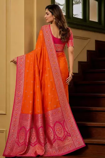 Orange soft banarasi silk saree with zari weaving meenakari design