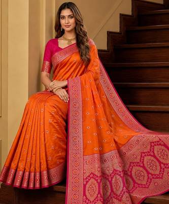 Orange soft banarasi silk saree with zari weaving meenakari design 3