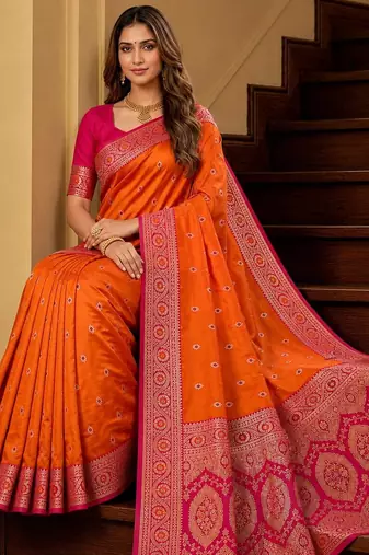 Orange soft banarasi silk saree with zari weaving meenakari design