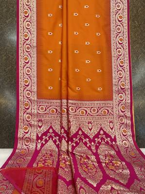 Orange soft banarasi silk saree with zari weaving meenakari design 5