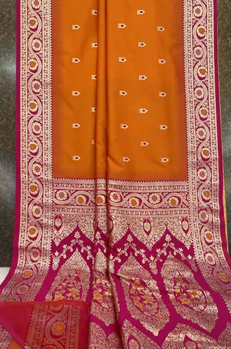 Orange soft banarasi silk saree with zari weaving meenakari design