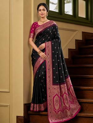 Black soft banarasi silk saree with zari weaving meenakari design 1