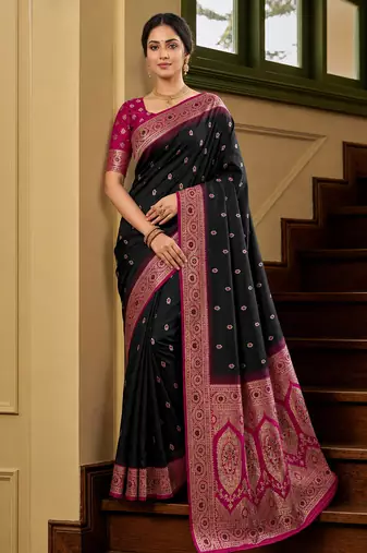 Black soft banarasi silk saree with zari weaving meenakari design