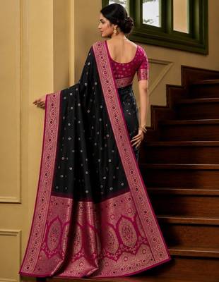 Black soft banarasi silk saree with zari weaving meenakari design 2