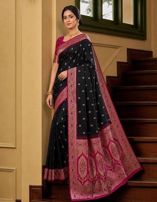 Black soft banarasi silk saree with zari weaving meenakari design 3
