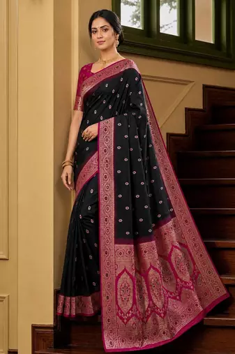 Black soft banarasi silk saree with zari weaving meenakari design