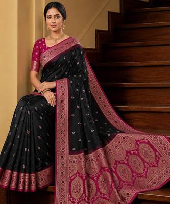 Black soft banarasi silk saree with zari weaving meenakari design 4