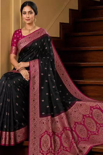 Black soft banarasi silk saree with zari weaving meenakari design