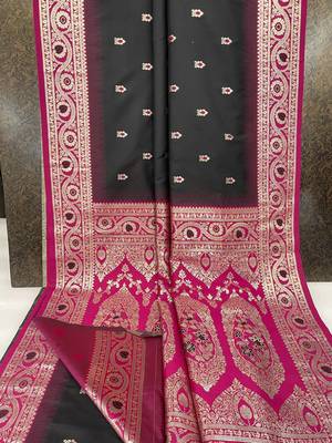 Black soft banarasi silk saree with zari weaving meenakari design 5