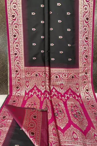 Black soft banarasi silk saree with zari weaving meenakari design