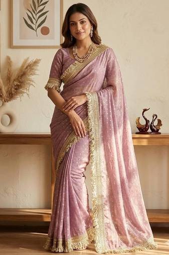 Lavender butti Beautiful lace work design with beautiful pallu Silk Blend Saree