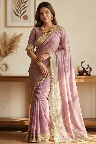 Lavender Color butti Beautiful lace border work border design with beautiful pallu Silk Blend Saree