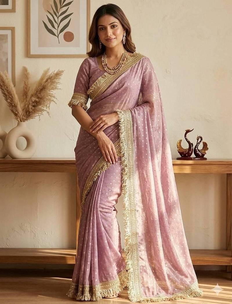 Lavender Color butti Beautiful lace border work border design with beautiful pallu Silk Blend Saree