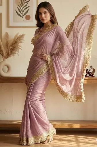 Lavender Color butti Beautiful lace border work border design with beautiful pallu Silk Blend Saree