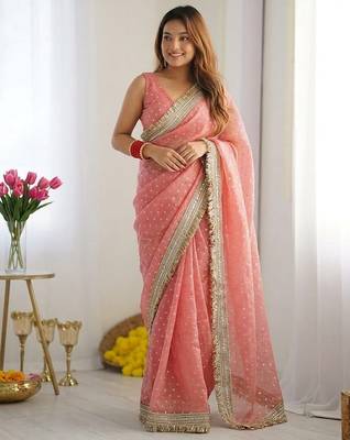 Light Orange Color butti Beautiful lace border work border design with beautiful pallu Silk Blend Saree 1