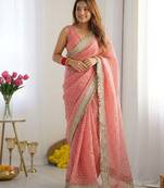 Light Orange Color butti Beautiful lace border work border design with beautiful pallu Silk Blend Saree