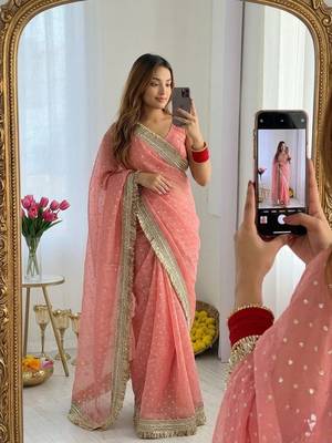Light Orange Color butti Beautiful lace border work border design with beautiful pallu Silk Blend Saree 2