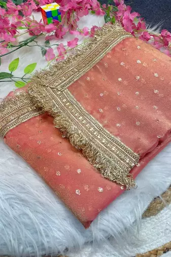 Light Orange Color butti Beautiful lace border work border design with beautiful pallu Silk Blend Saree
