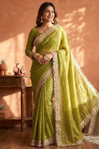 Olive Color butti Beautiful lace border work border design with beautiful pallu Silk Blend Saree
