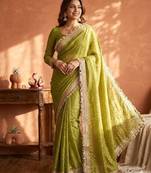 Olive Color butti Beautiful lace border work border design with beautiful pallu Silk Blend Saree