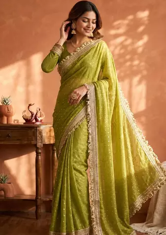 Olive Color butti Beautiful lace border work border design with beautiful pallu Silk Blend Saree