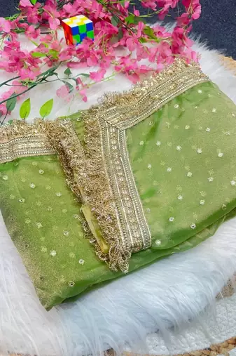 Olive Color butti Beautiful lace border work border design with beautiful pallu Silk Blend Saree