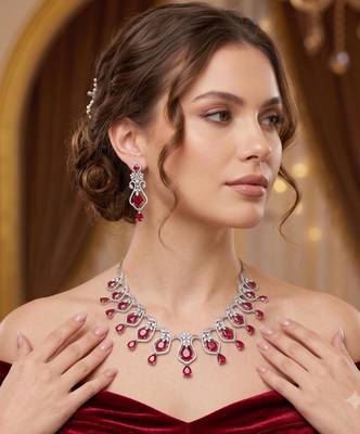 ruby red crystal necklace earrings set, cubic zirconia bridal choker, leaf drop prom jewellery 1