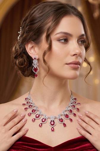 ruby red crystal necklace earrings set, cubic zirconia bridal choker, leaf drop prom jewellery