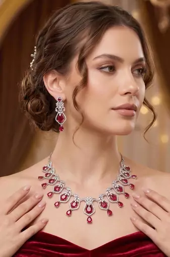 ruby red crystal necklace earrings set, cubic zirconia bridal choker, leaf drop prom jewellery