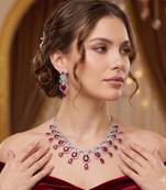 ruby red crystal necklace earrings set, cubic zirconia bridal choker, leaf drop prom jewellery