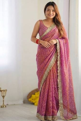 Pink Color butti Beautiful lace border work border design with beautiful pallu Silk Blend Saree