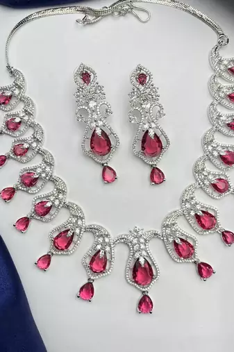 ruby red crystal necklace earrings set, cubic zirconia bridal choker, leaf drop prom jewellery