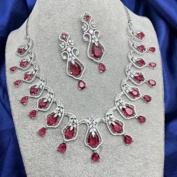 ruby red crystal necklace earrings set, cubic zirconia bridal choker, leaf drop prom jewellery 3