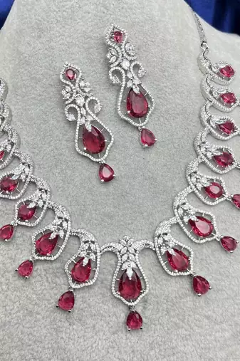 ruby red crystal necklace earrings set, cubic zirconia bridal choker, leaf drop prom jewellery