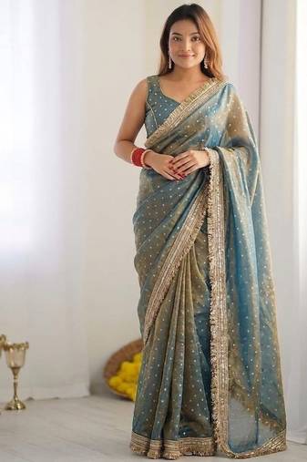 Sea Green butti Beautiful lace border work border design with beautiful pallu Silk Blend Saree