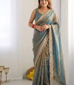 Sea Green butti Beautiful lace border work border design with beautiful pallu Silk Blend Saree